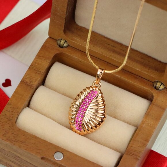 "Rose Gold Textured Pendant with Pink Stone Accent in Leaf Design, XPPT1490 - Picture 10 of 13